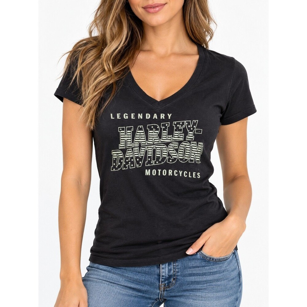 Harley Davidson Womens L Black V Neck Legendary Graphic T Shirt Made in USA